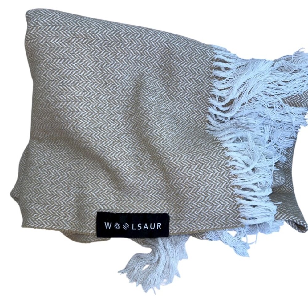 woolsaur cream khaki herringbone fringe trim wool throw blanket classic sz 50x60